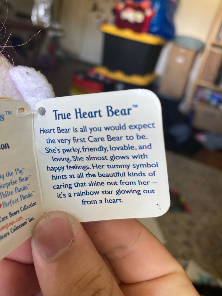 A photo of the tag with her description. It reads “Heart Beat is all you would expect the very first Care Bear to be. She’s perky, friendly, lovable, and loving. She almost glows with happy feelings. Her tummy symbol hints at all the beautiful kinds of caring that shine out from her — it’s a rainbow star glowing out from a heart