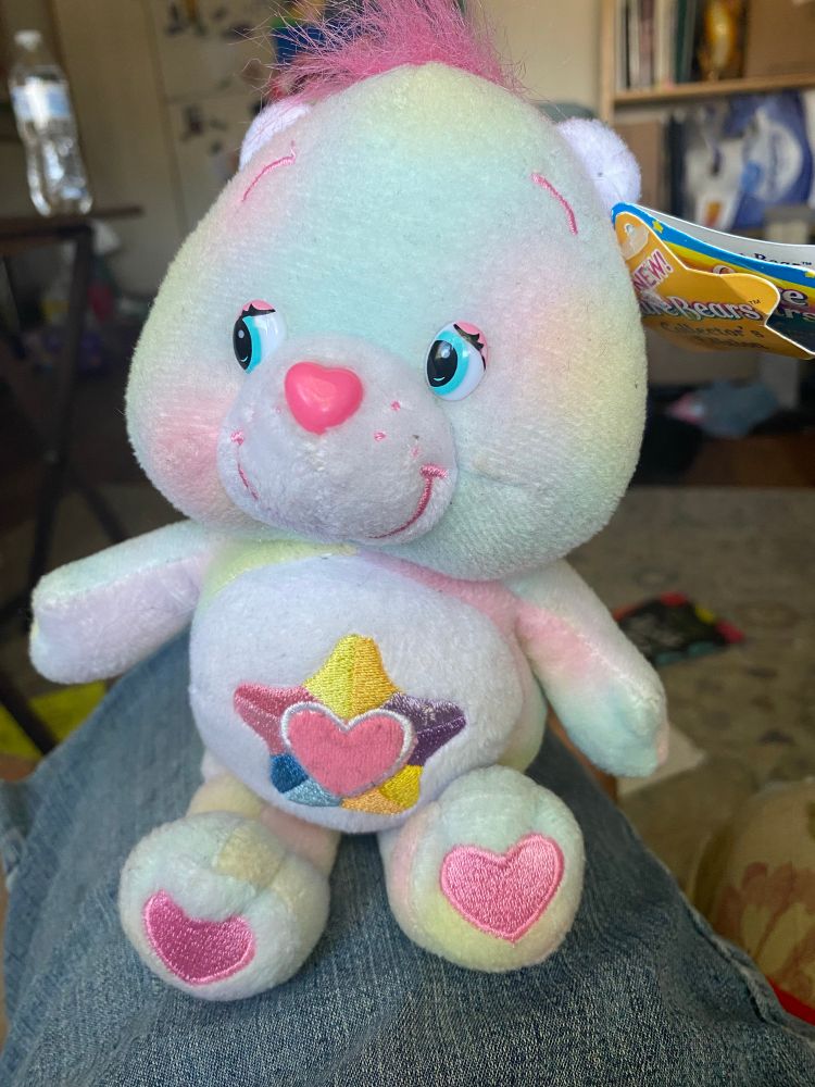 A photo of a True Heart Bear plush sitting on my knee