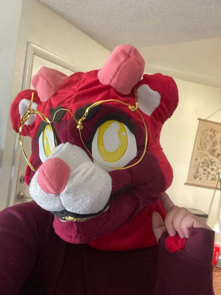 Another selfie of a care bear fursuit with golden glasses