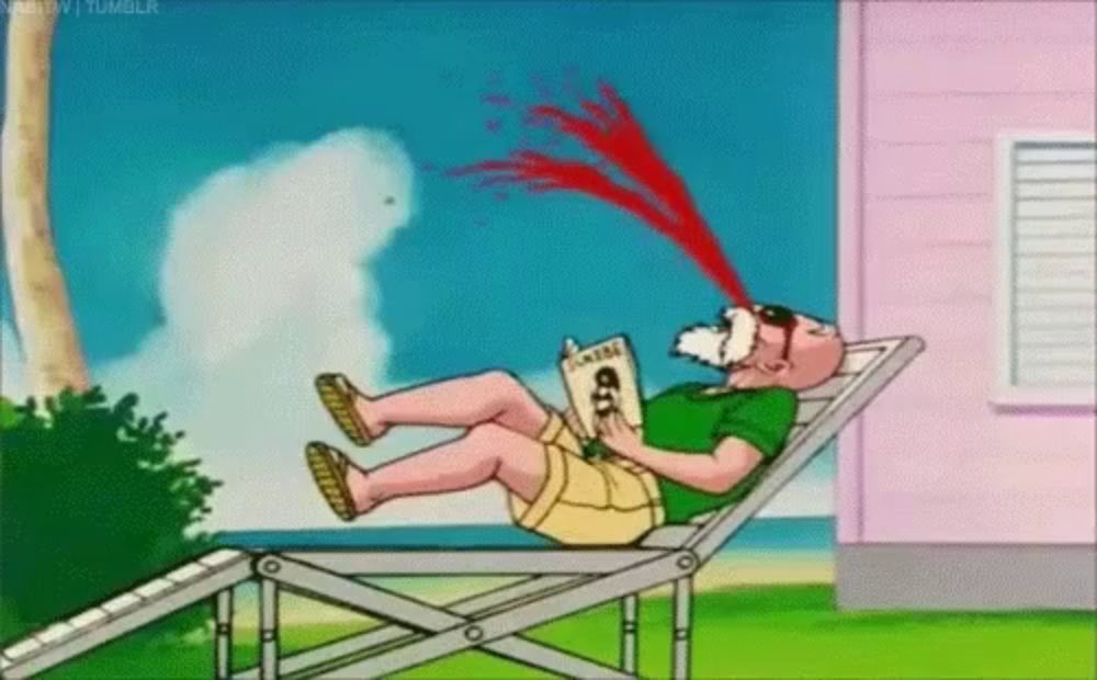 a cartoon man is laying in a chair reading a book with blood coming out of his eyes .