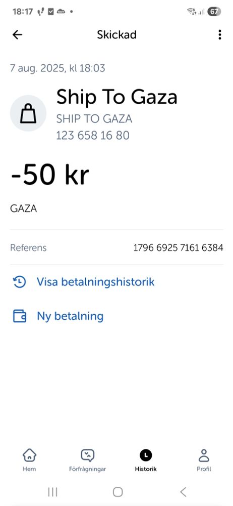 Swish-50 kr till Ship to Gaza.