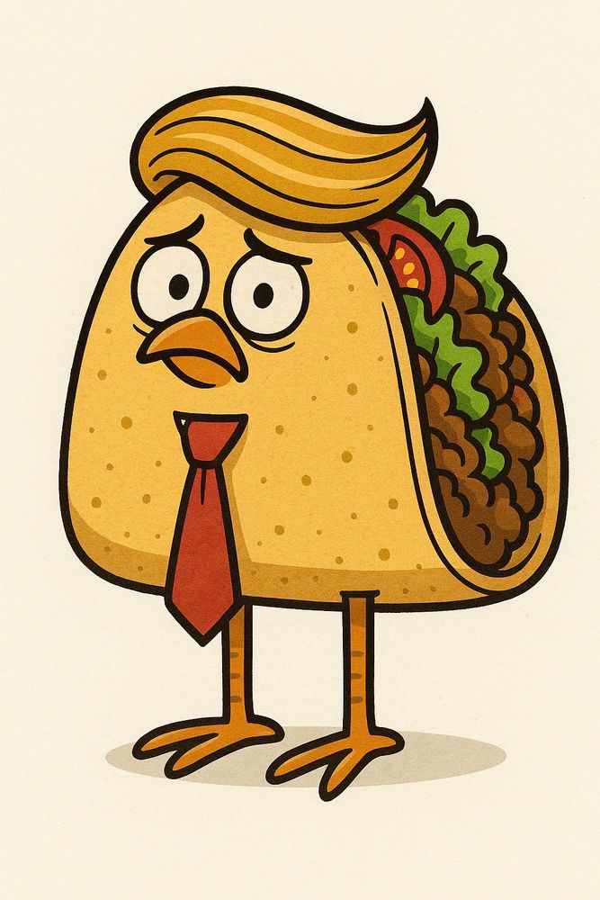A cartoon taco character stands upright with chicken legs and a forlorn expression. The taco shell is filled with seasoned meat, lettuce, and tomato. Instead of a rooster crest, it has a swooping blond combover hairstyle. The taco wears a red necktie, giving it a humorous, anthropomorphic appearance.