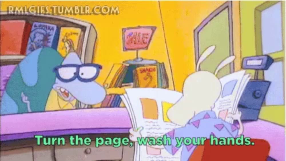 a cartoon says turn the page wash your hands in green