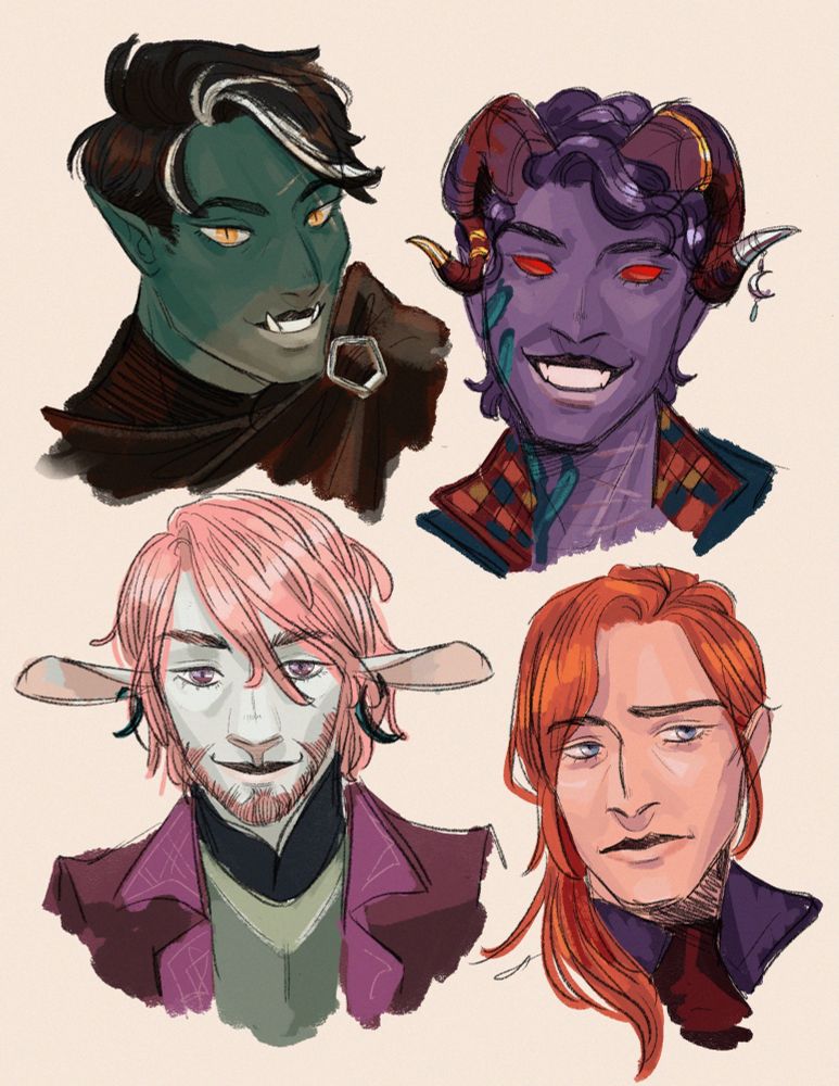 A digital illustration of the four male player characters from Campaign 2: Fjord (top left), Molly (top right), Caduceus (bottom left), and Caleb (bottom right)