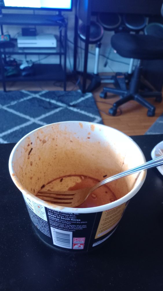 Empty container of balduk spicy ramen