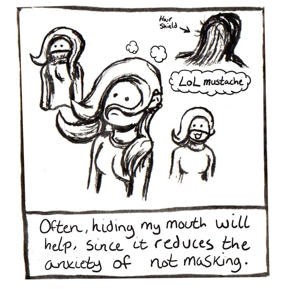 Various drawings of Ali trying to emotionally regulate herself, covering mouth with turtleneck sweater, making a hair mustache, wearing a face mask with an expression on it, and the ultimate, the "hair shield" having the hood up and all the long hair covering the face.