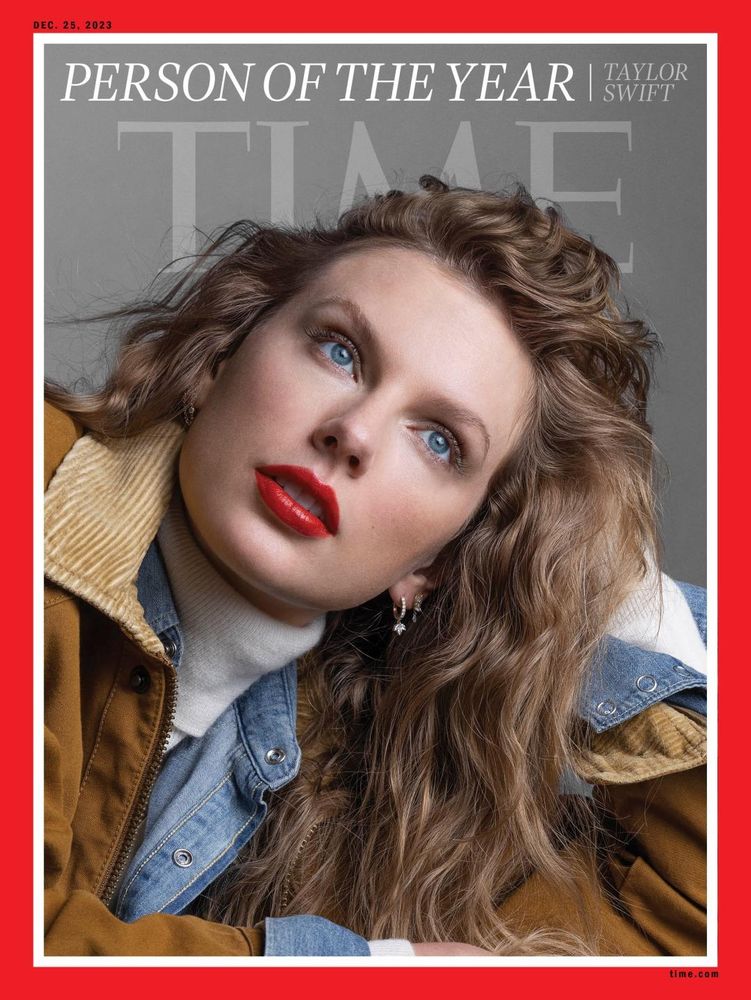Cover photo of Taylor from the 2023 TIME magazine Person of the Year photo shoot: wavy hair, brown jacket, blue denim shirt with a white turtleneck 