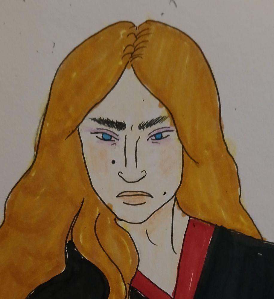 A person with long hair dark yellow hair, pale skin and blue eyes. The portrait is a bust. The skin around the persons eyes is purple bruised and above his eyes dark brows in a furrowed position.

He is wearing a black shirt with red accents. 