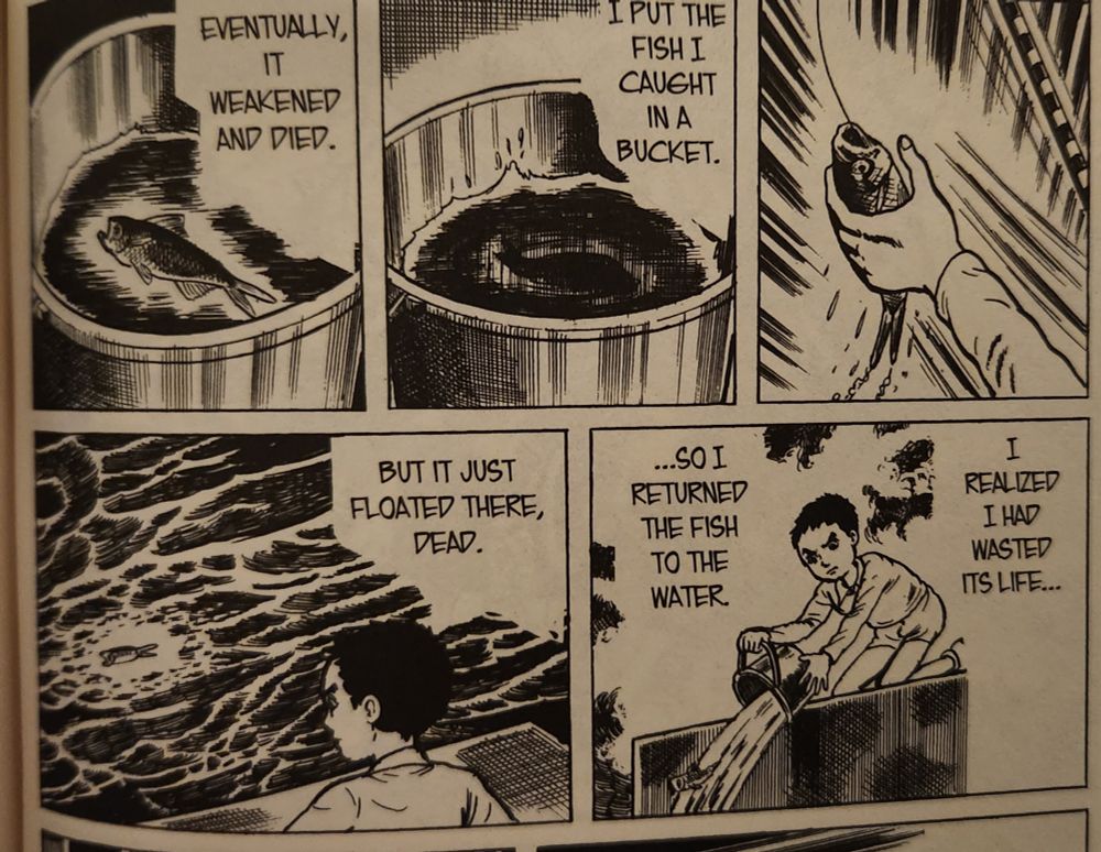 A section of a page from book 3 of The Drifting Classroom by Kazuo Umezz. The pictures show Sho, the main character, catching a fish, and then releasing it. The panels read: "I put the fish I caught in a bucket. Eventually, it weakened and died. I realized I had wasted its life... so I returned the fish to the water. But it just floated there, dead."