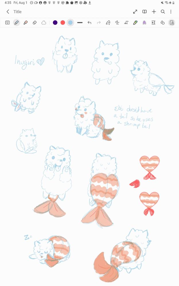 a bunch of doodles of a pomeranian dog made of rice with a shrimp laying on his back. 