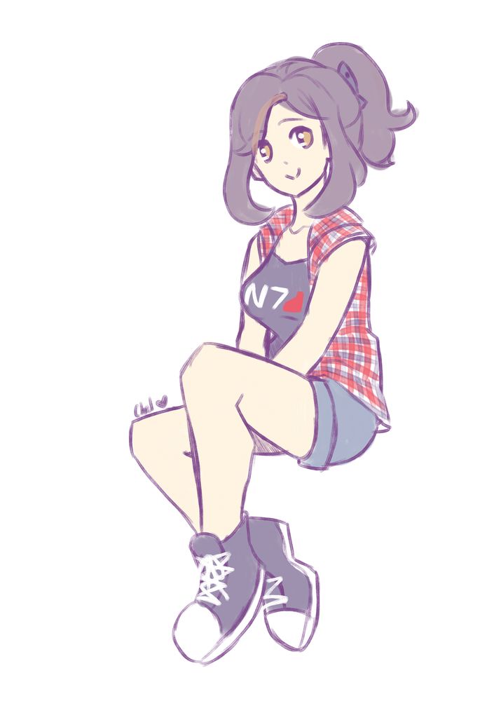 a quick sketch of me with long hair tied up in a fish bone hair claw. wearing black high tops, shorts, an N7 tank with a plaid red, black, & white button up over it.