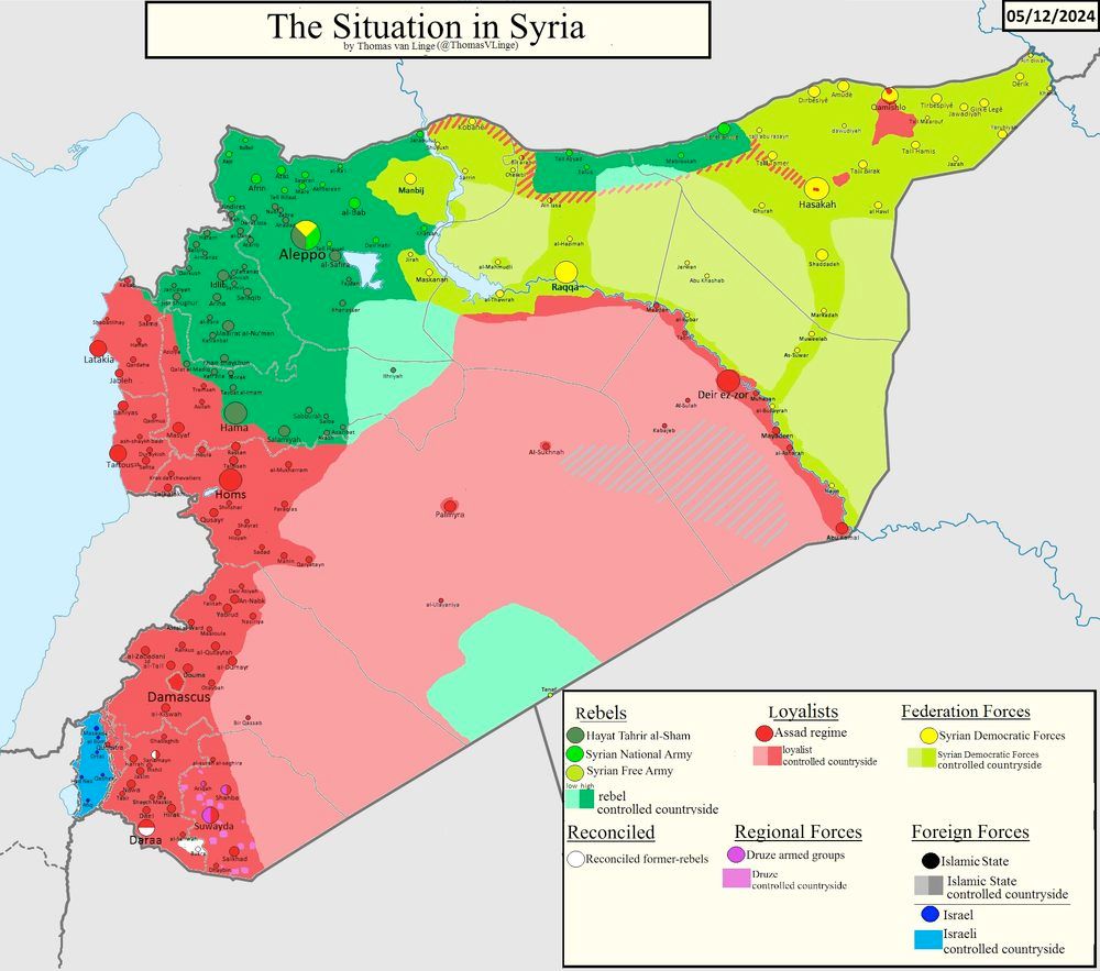 A map entitled "The situation in Syria" dated 5 December 2024. It's a map of Syria colored according to which military forces control which areas. Assad loyalists control the southern half, including Damascus. Rebel forces control the northwest, including Aleppo. Federation forces control the northeast.