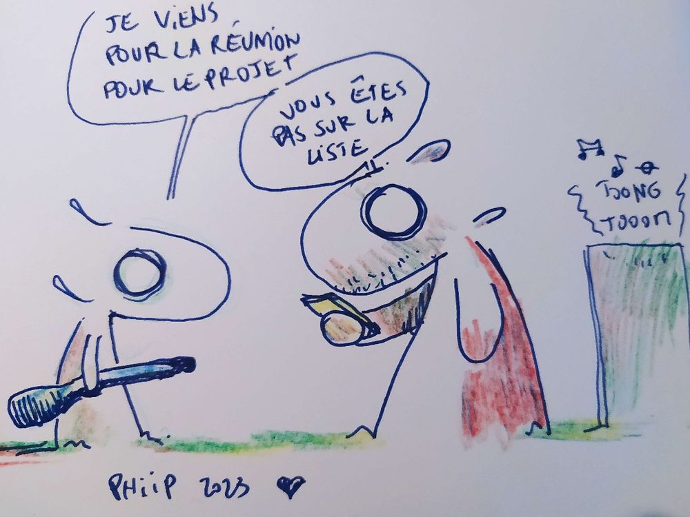 Un lapin avec un fusil à pompe demande à un videur "c'est ici la réunion pour le projet" et le videur répond "vous êtes pas sur la liste.
