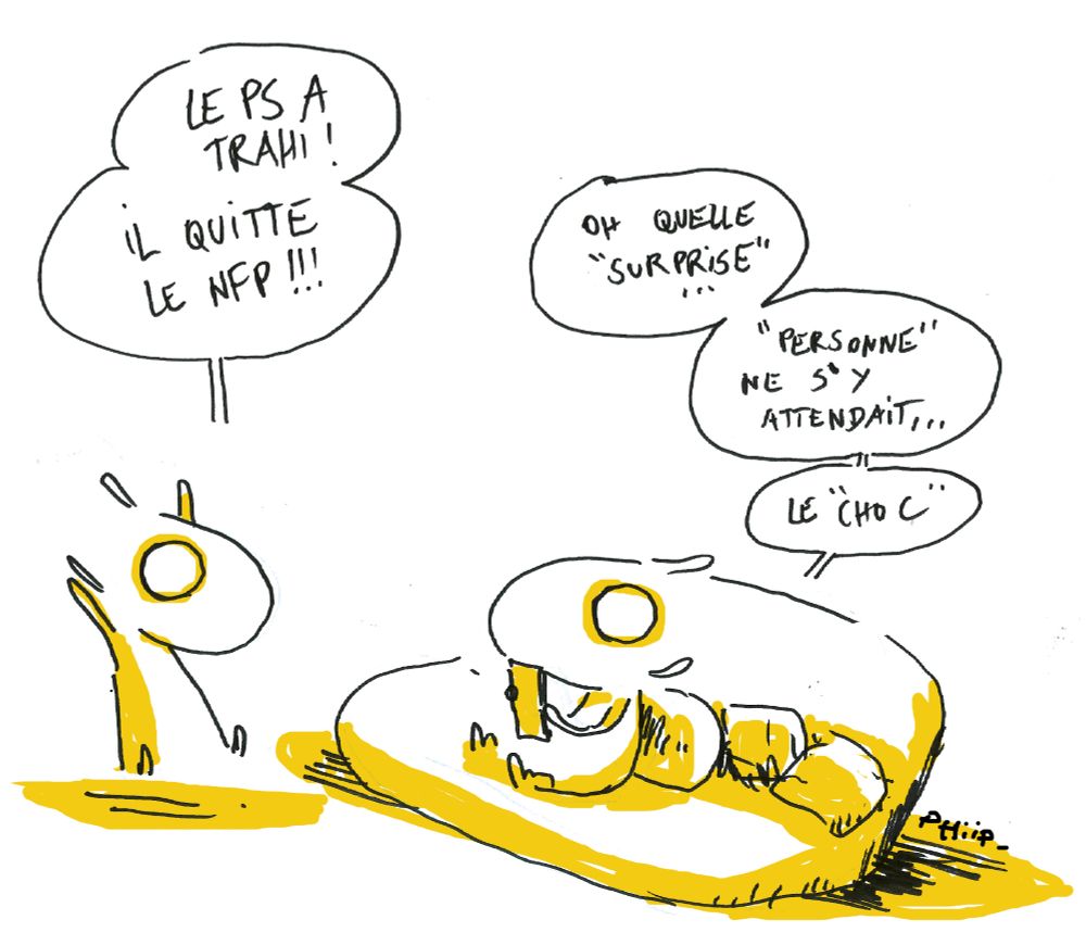 Un lapin effaré : le PS a trahi !
L'autre lapin, blasé :  oh quelle "surprise" "personne" ne s'y attendait - le "choc"
Un dessin signé Phiip