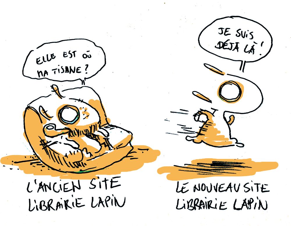 Un vieux lapin fatigué regarde un jeune lapin qui court.