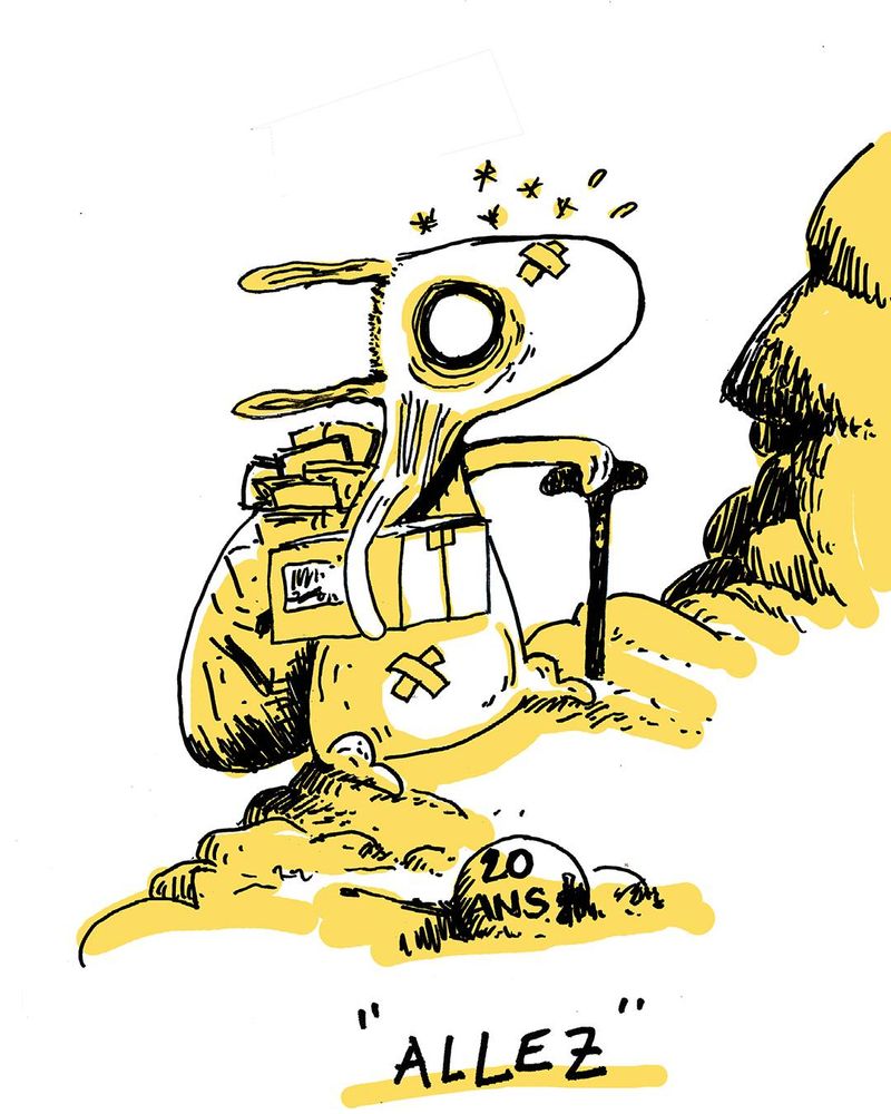 Un vieux lapin gravit une montagne, des cartons de livres sous les bras et sur le dos. 
La légende "allez"