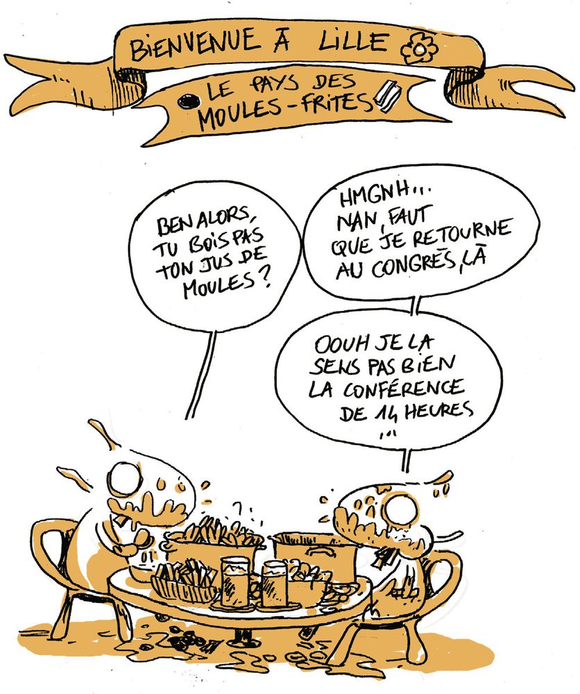 Deux lapin se gavent de moules à une table de restaurant. L'un dit "Ben alors, tu bois pas ton jus de moules ?" L'autre répond "nan, faut que je retourne au congrès là... ooouh, je la sens pas la conférence de 14h".