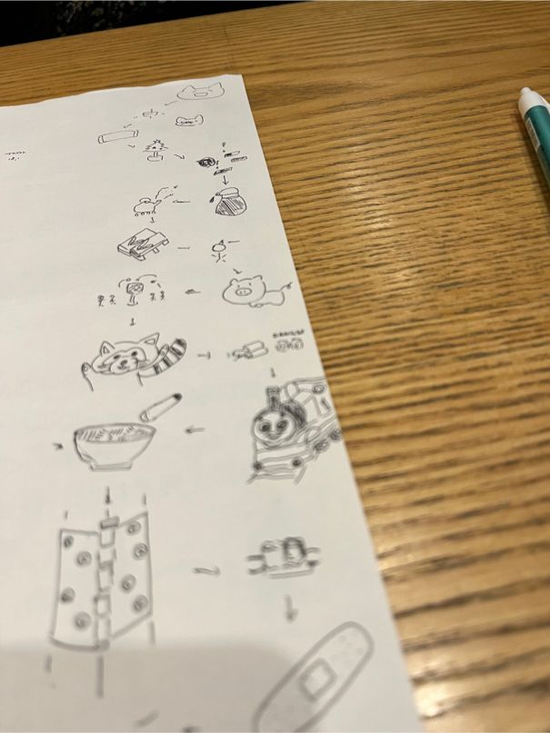 猫→コマ→マスク→クリスマスツリー→リトマス紙→醤油→湯気→下駄→たんこぶ→ぶた→玉入れ→レッサーパンダ→ダイナマイト→トーマス→すり鉢→蝶番→入れ歯→絆創膏