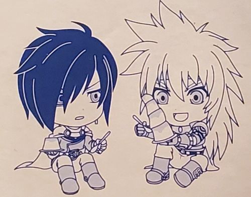 An image of Stahn Aileron and Leon Magnus sitting together eating pudding. Stahn's pudding is stacked very high.