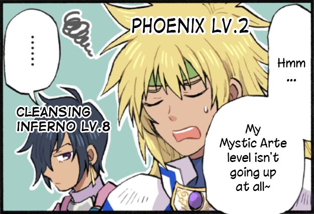 An image of Stahn Aileron and Leon Magnus. Stahn has a label that says Phoenix Lv. 2, while Leon has a label that says Cleansing Inferno Lv. 8. Stahn says "Hmm... My Mystic Arte level isn't going up at all~" and Leon replies "..."