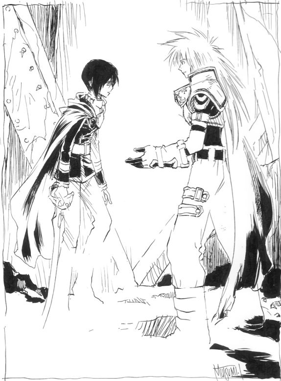 An image of Stahn Aileron and Leon Magnus. Stahn is holding out his hand to Leon while Leon looks at him hesitantly.