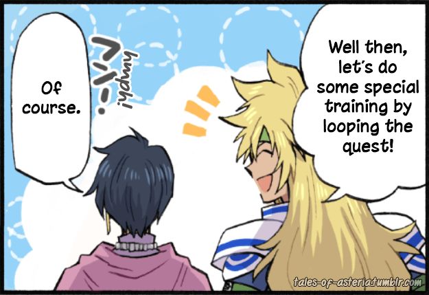 An image of Stahn Aileron and Leon Magnus. Stahn looks at Leon and goes, "Well then, let's do some special training by looping the quest!" Leon replies with "Of course."