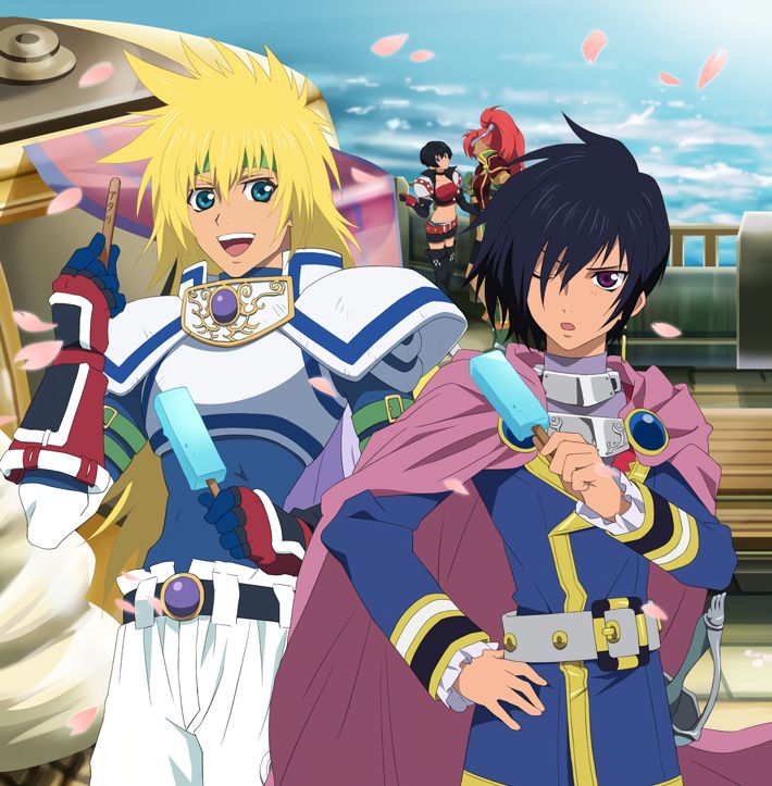 An image of Stahn Aileron and Leon Magnus standing together. They both have popsicles. Stahn is holding a winner popsicle stick. In the background you can see Rutee Katrea and Mary Argent.