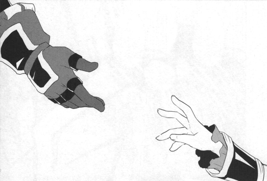 An image of two hands, one is Stahn Aileron's and the other is Leon Magnus's. They are reaching out for each other.