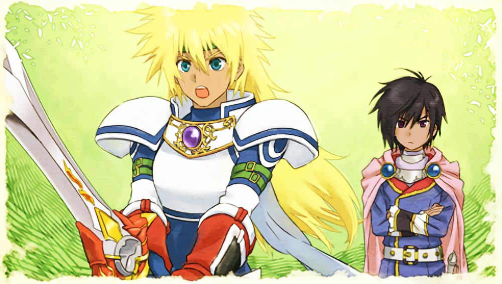 An image of Stahn swinging his sword while Leon watches on.