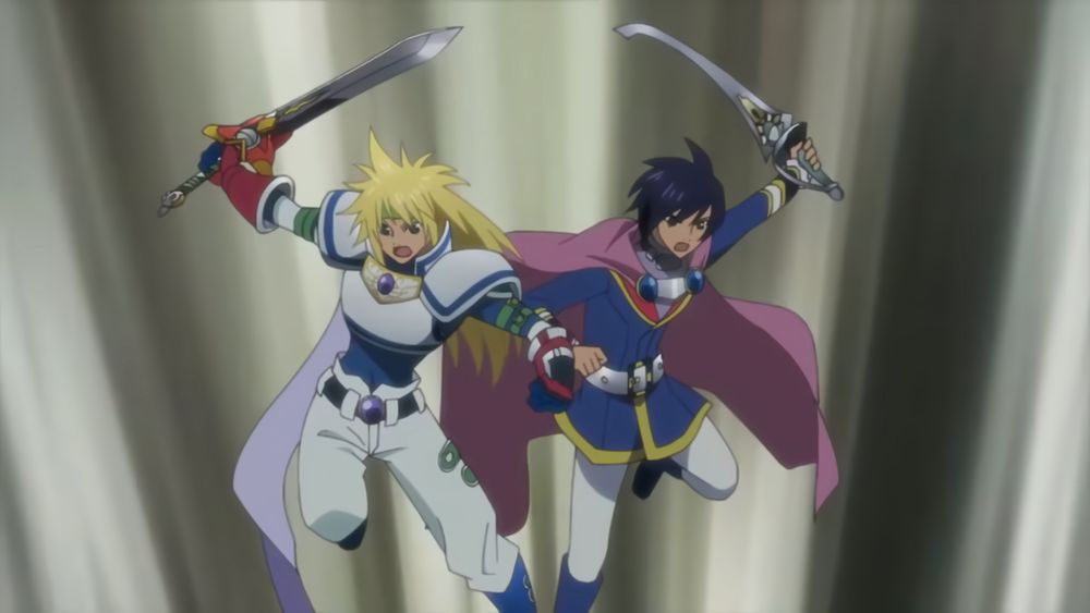 An image of Stahn Aileron and Leon Magnus. They are in the air, raising their swords getting ready to swing at something offscreen.