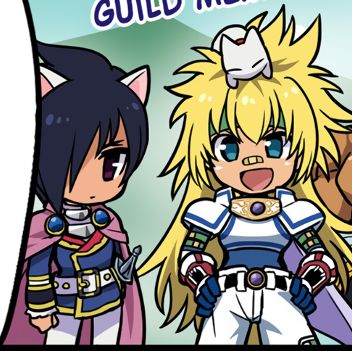 A chibi image of Stahn Aileron and Leon Magnus. Leon has cat ears, and Stahn has a cat on his head.