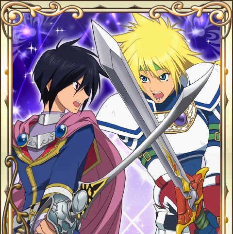An image of Stahn Aileron and Leon Magnus crossing swords. They are looking at each other with intense expressions.