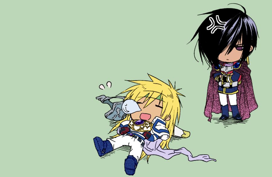 A chibi image of Stahn sleeping on Chaltier while Leon looks at him, annoyed.