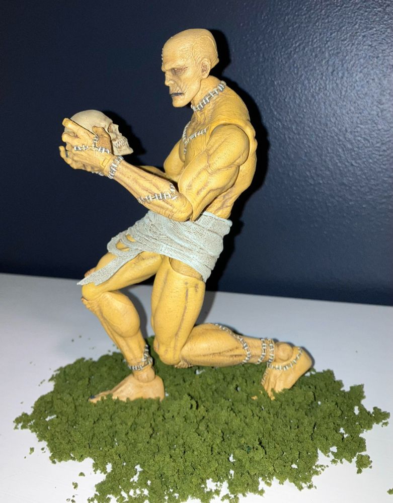 Four Horsemen Frankenstein's Creature figure posed with a skull