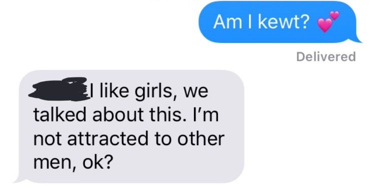 Me: Am I kewt?
Friend: I like girls, we talked about this. I’m not attracted to other men, ok?