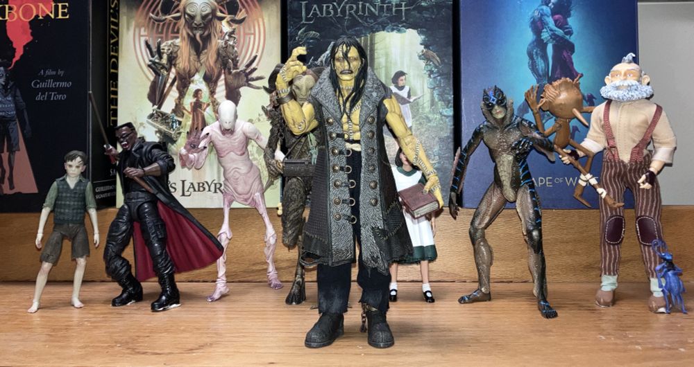 Lineup of action figures from Guillermo del Toro movies, which the Four Horsemen Frankenstein's Monster figure in the front
