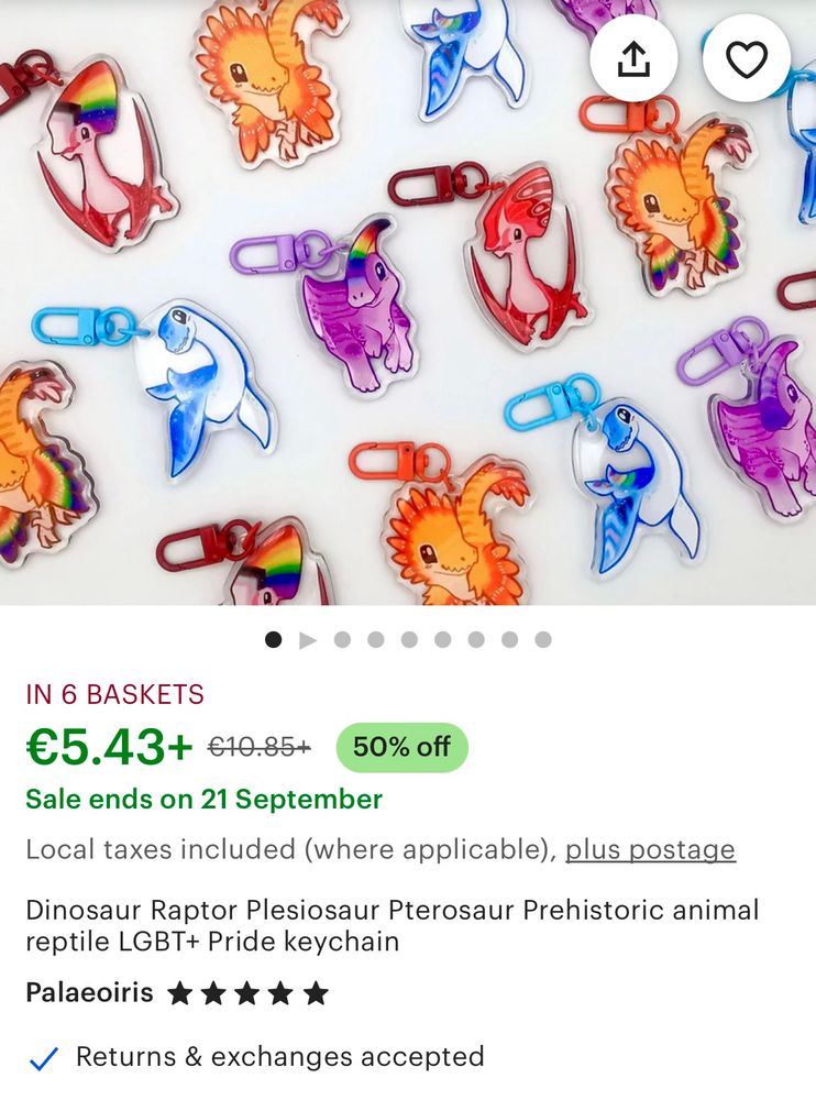 A screenshot of the header of an Etsy shop listing, showcasing 50% sale on acrylic keychains with colorful cute designs of a pride pterosaur, pride raptor, pride plesiosaurus and pride parasaurolophus