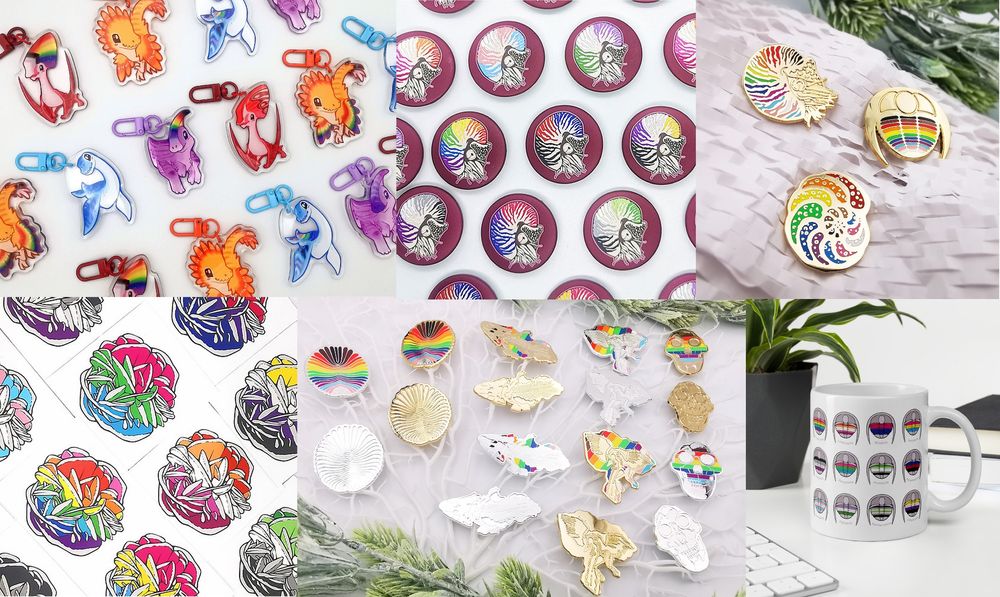 A collection of photos showcasing our collection of art merchandise which design combines Natural History motifs and LGBTQIA+ pride flags