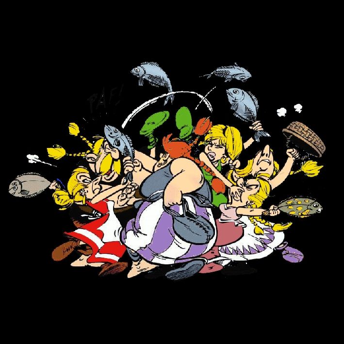 Comicbild aus Asterix

Mehrere Personen schlagen sich wild durcheinander mit Fischen. 