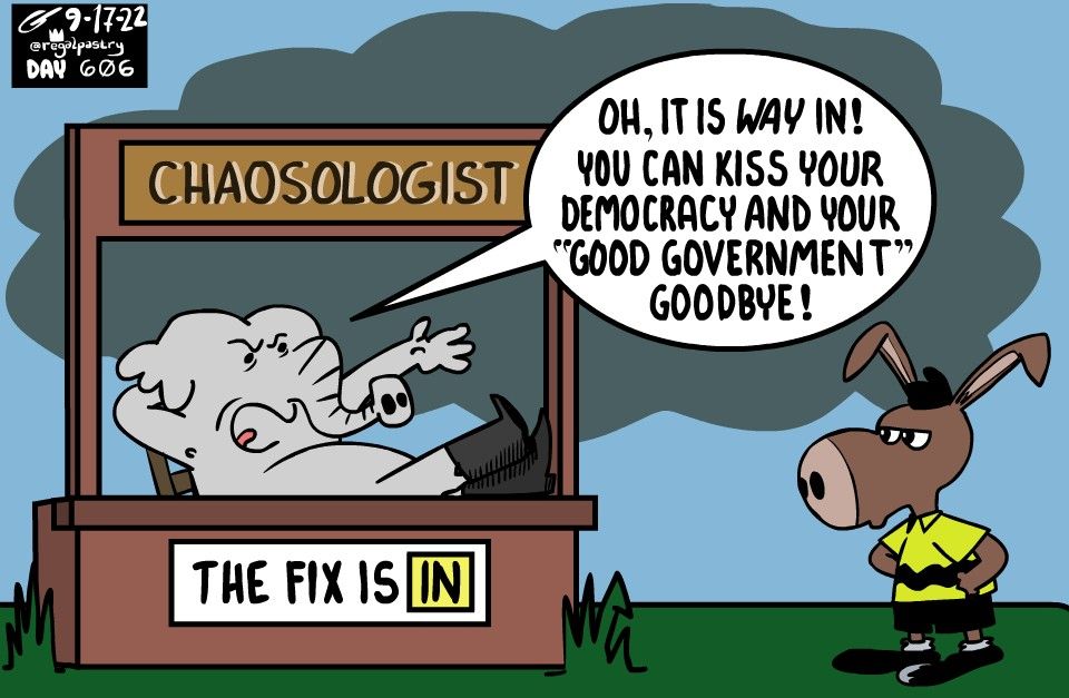 Chaosologist booth with sign saying The Fix is In To an angry donkey wearing a Charlie Brown shirt, a cocky Elephant says, 