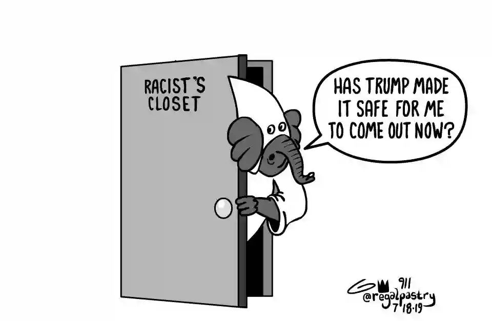 From 2019:
An elephant in a Klan robe peeks out a closet labelled Racist's Closet
Asks, "Has Trump made it safe for me to come out now?"