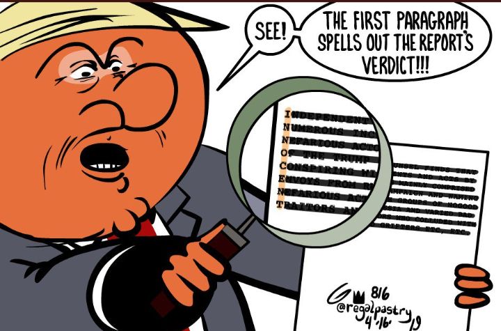 Trump with magnifying glass to show the only unredacted parts of a document spell out the word INNOCENT when read as an acrostic 