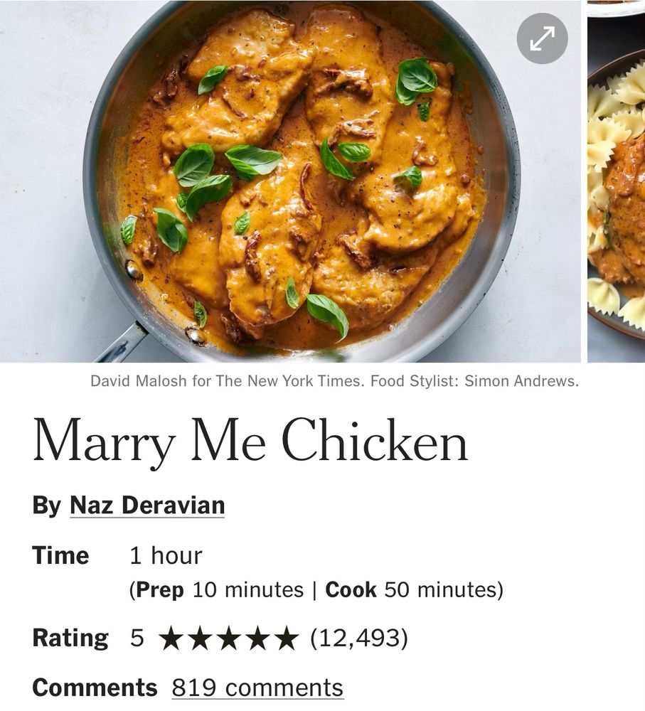 Marry Me Chicken screen capture from The New York Times cooking app. Recipe by Naz Deravian 