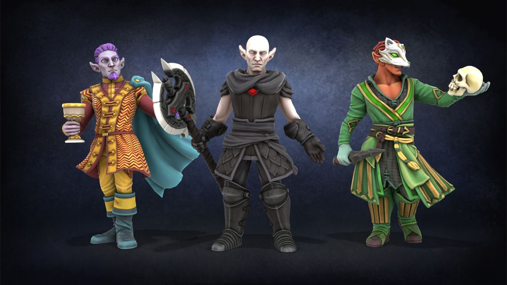 Three human-like figures with pointed ears stand in front of a dark backdrop. The figure on the left is purple and holds a goblet, swishing a cape over his shoulder. The central figure is very pale, wearing black armor, and wielding an ax. The figure on the right has a darker complexion and wears a fox mask while contemplating a skull.