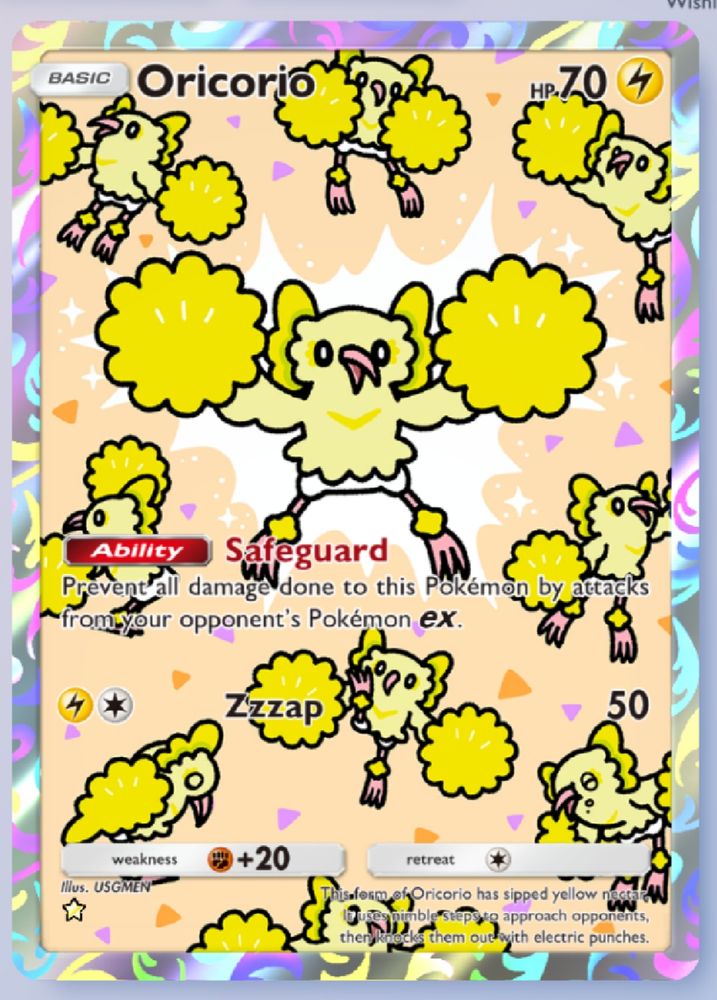 A digital trading card featuring a variant of the Pokémon Oricorio, a yellow bird resembling a cheerleader. It is the harbinger of doom.