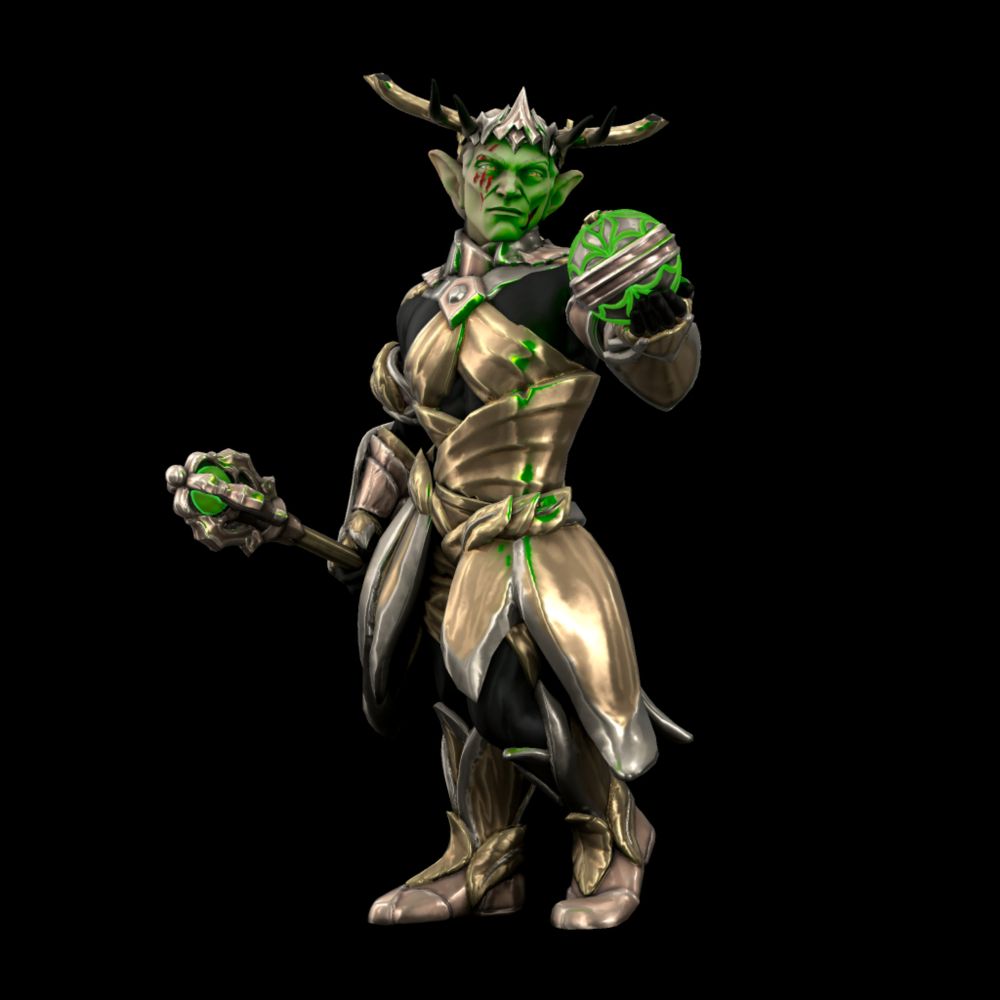 A sinister elf wearing shining armor with organic, botanical designs. He has a crown with broken antlers. He has scars across much of his face, and he smirks into an orb that casts a sickly green glow.