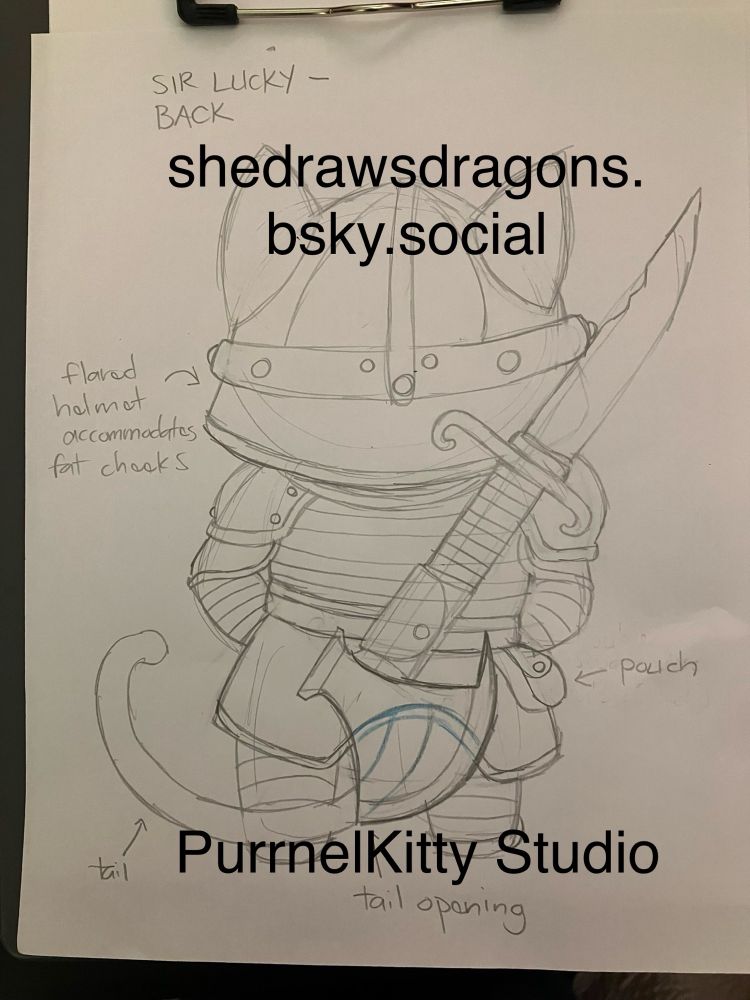 A concept sketch for the back of a TTRPG miniature of a bipedal cat with a combination sword-axe weapon