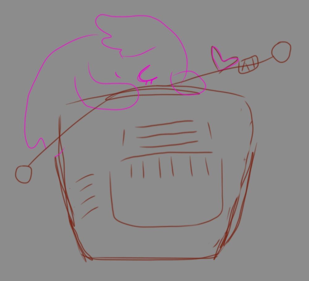 Over a grey background, a crude drawing of a pink ghost Mettaton/Hapstablook embracing a red Tenna the television with a bandage on one of the antennas, and the back of the monitor faces the viewer. A heart floats nearby in both red and pink.
