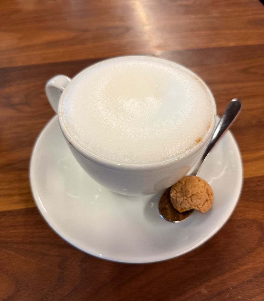 A cappuccino on a café counter