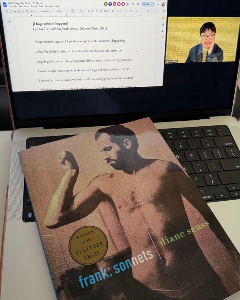 Diane Seuss’s book FRANK: SONNETS rests atop a laptop keyboard while on-screen, the book’s final poem is displayed during Chen Chen’s craft lecture.